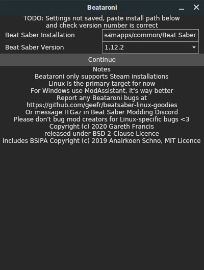 Beataroni Beat Saber Installation and Version Select Screen